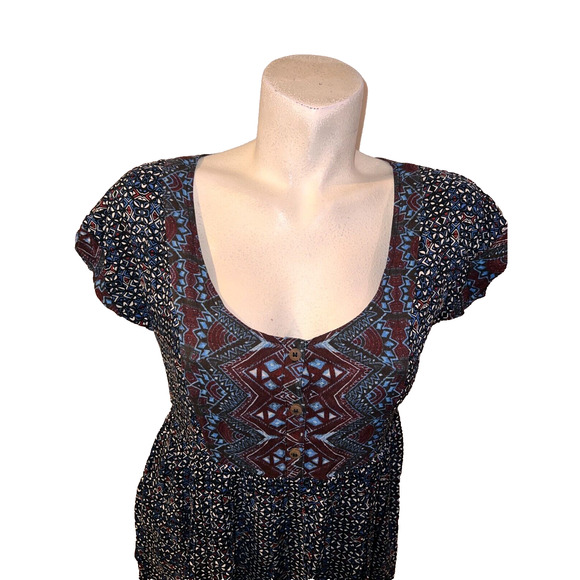 FREE PEOPLE Size XS Blue Burgundy Geo-Print Open Back SS Tunic Mini Dress BOHO - Picture 2 of 7